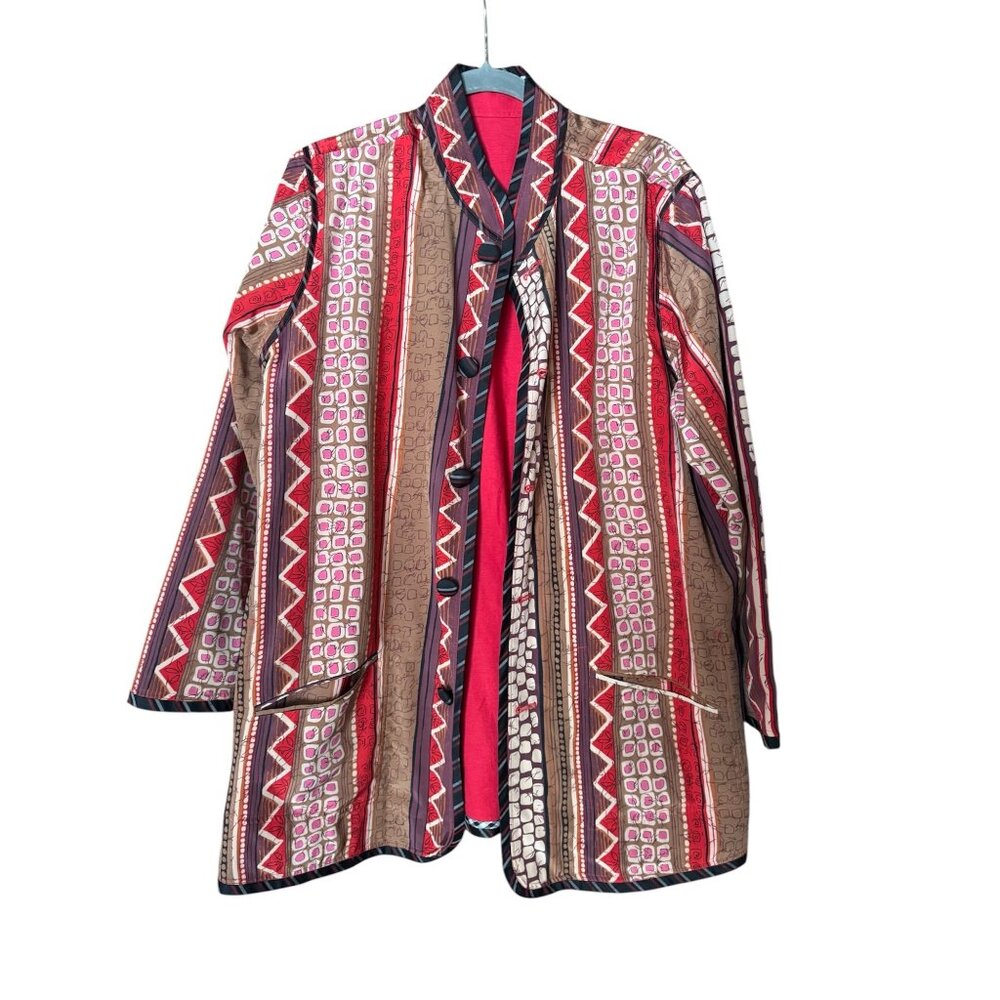 KOOS of Course Reversible Linen Silk Jacket 1X Red Stripe Art to Wear Plus Size